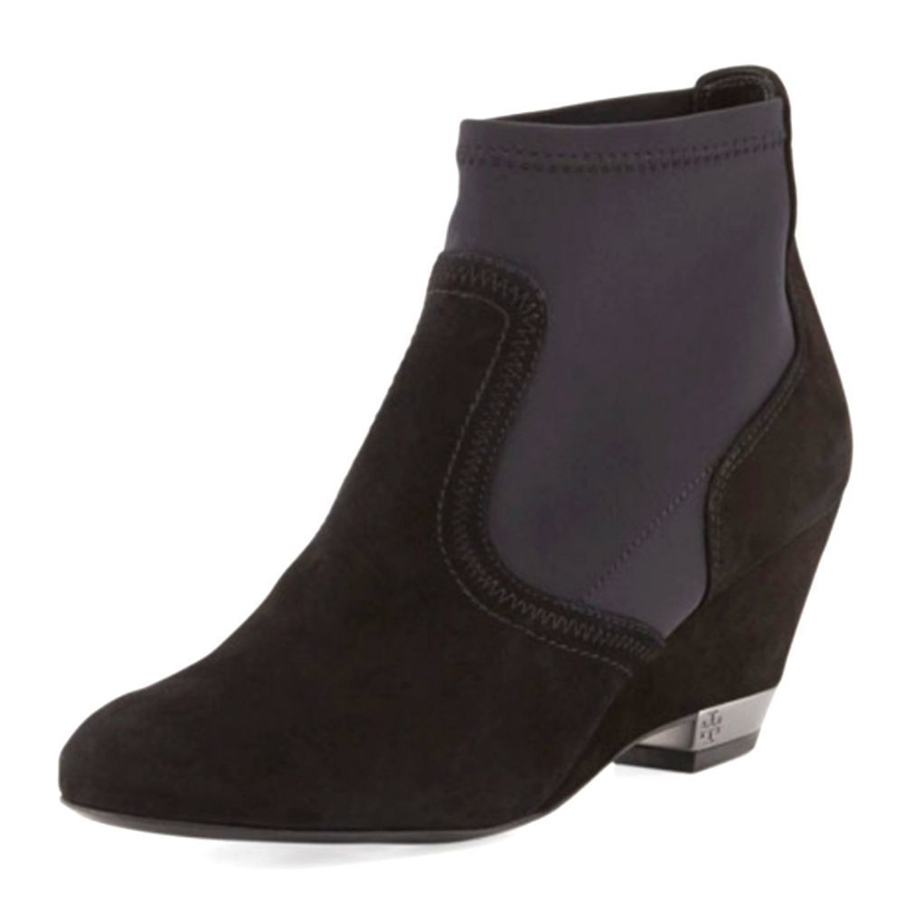 Tory Burch Black Brenda Stretch Suede Wedge Bootie 5. EUC!